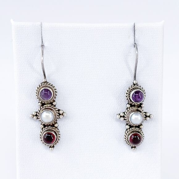 Vintage Southwest Sterling Silver 925 Pearl Amethyst Garnet Drop Earrings - Picture 2 of 8